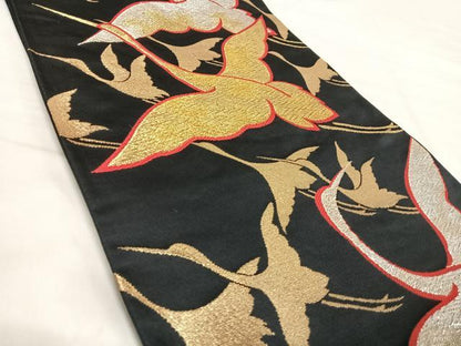 平和屋着物◎六通柄袋帯　飛鶴文　黒地　金銀糸　正絹　逸品　AABJ0722yx