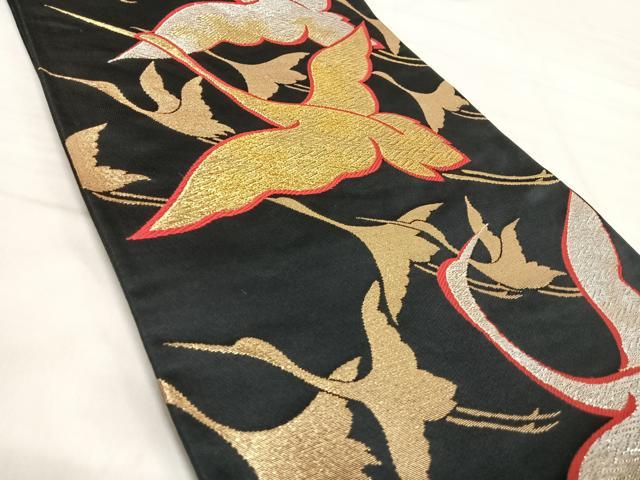 平和屋着物◎六通柄袋帯　飛鶴文　黒地　金銀糸　正絹　逸品　AABJ0722yx