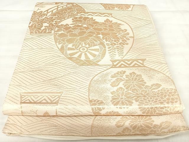 平和屋着物◎六通柄袋帯　陶器花文　金糸　正絹　逸品　AABJ0729yx