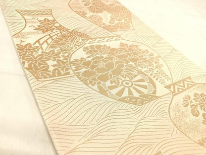 平和屋着物◎六通柄袋帯　陶器花文　金糸　正絹　逸品　AABJ0729yx