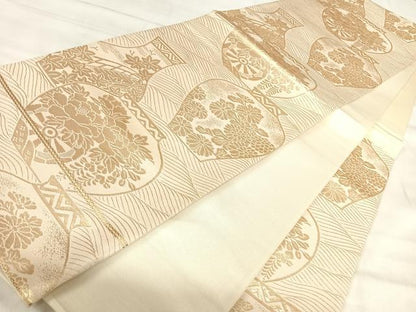 平和屋着物◎六通柄袋帯　陶器花文　金糸　正絹　逸品　AABJ0729yx