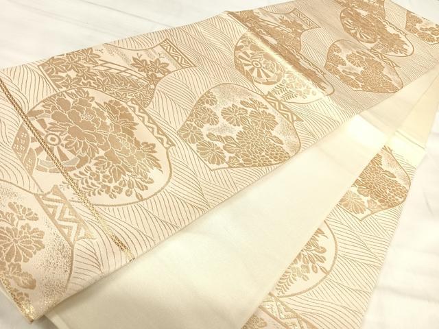 平和屋着物◎六通柄袋帯　陶器花文　金糸　正絹　逸品　AABJ0729yx
