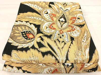 平和屋着物◎六通柄　京袋帯　唐織　更紗花文　黒地　金糸　正絹　逸品　AABJ0730yx