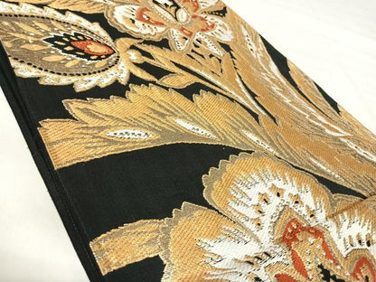 平和屋着物◎六通柄　京袋帯　唐織　更紗花文　黒地　金糸　正絹　逸品　AABJ0730yx