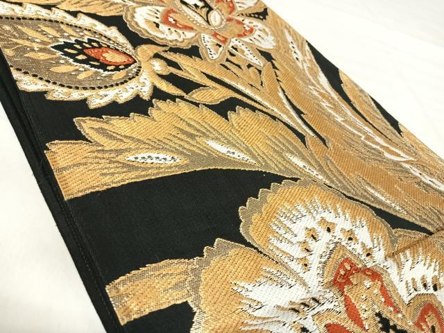 平和屋着物◎六通柄　京袋帯　唐織　更紗花文　黒地　金糸　正絹　逸品　AABJ0730yx