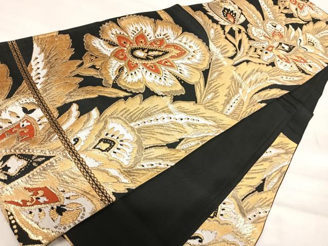 平和屋着物◎六通柄　京袋帯　唐織　更紗花文　黒地　金糸　正絹　逸品　AABJ0730yx
