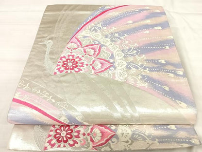 平和屋着物◎両面　全通柄袋帯　唐織　孔雀花文　銀糸　正絹　逸品　AABJ0733yx