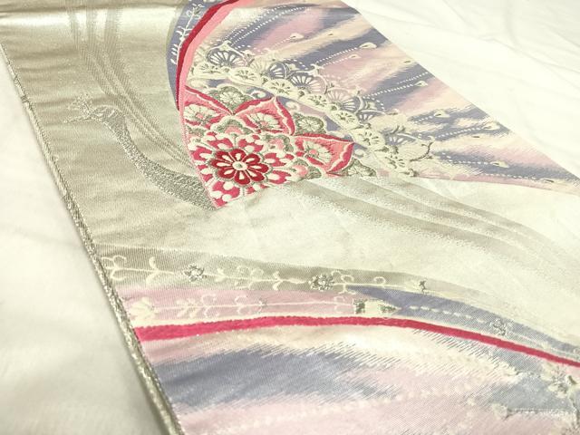 平和屋着物◎両面　全通柄袋帯　唐織　孔雀花文　銀糸　正絹　逸品　AABJ0733yx
