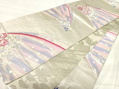 平和屋着物◎両面　全通柄袋帯　唐織　孔雀花文　銀糸　正絹　逸品　AABJ0733yx