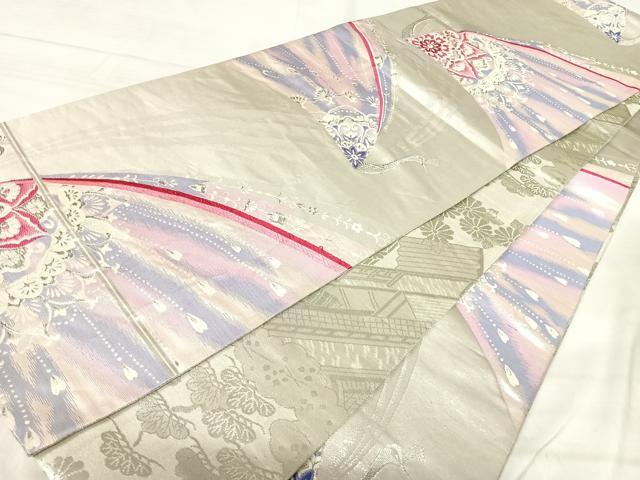 平和屋着物◎両面　全通柄袋帯　唐織　孔雀花文　銀糸　正絹　逸品　AABJ0733yx