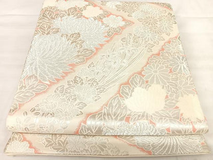 平和屋着物◎六通柄袋帯　草花文　銀糸　正絹　逸品　AABJ0735yx
