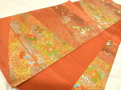 平和屋着物◎六通柄袋帯　唐織　花蝶文　金糸　正絹　逸品　AABJ0739yx