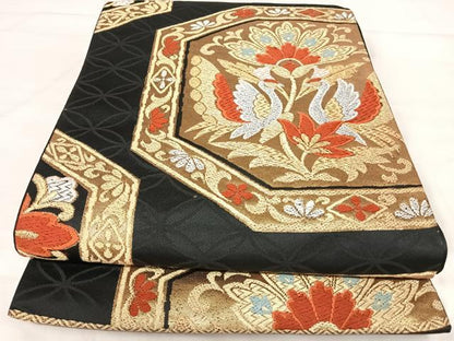 平和屋着物◎六通柄袋帯　唐織　双鳥更紗花文　黒地　金銀糸　正絹　逸品　AABJ0740yx