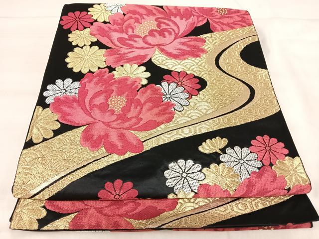 平和屋着物◎六通柄袋帯　唐織　流水花文　黒地　金銀糸　正絹　逸品　AABJ0741yx
