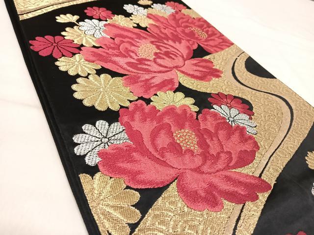 平和屋着物◎六通柄袋帯　唐織　流水花文　黒地　金銀糸　正絹　逸品　AABJ0741yx