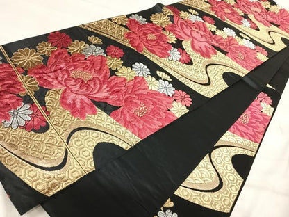 平和屋着物◎六通柄袋帯　唐織　流水花文　黒地　金銀糸　正絹　逸品　AABJ0741yx