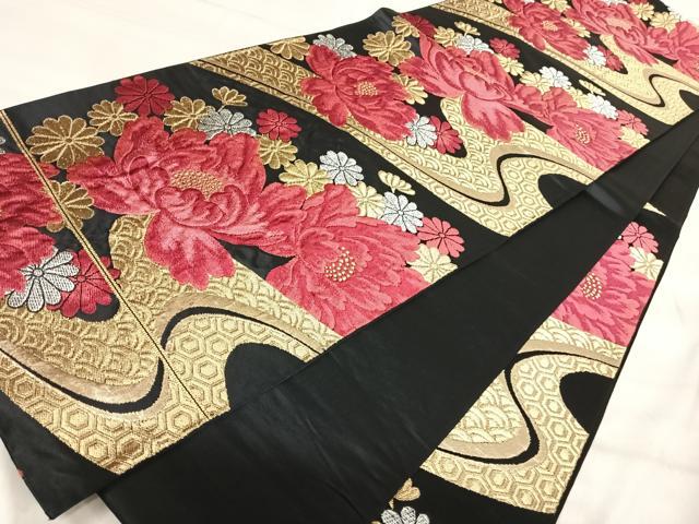 平和屋着物◎六通柄袋帯　唐織　流水花文　黒地　金銀糸　正絹　逸品　AABJ0741yx