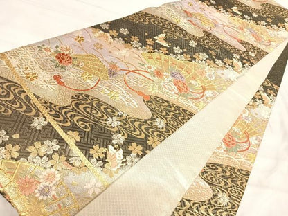 平和屋着物◎佐賀錦　六通柄袋帯　唐織　檜扇花文　金銀糸　正絹　逸品　AABJ0747yx