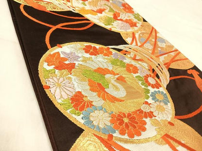 平和屋着物◎六通柄袋帯　唐織　花鼓　鶴　金銀糸　正絹　逸品　AABJ0750yx