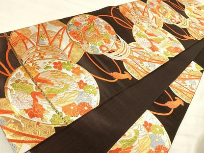 平和屋着物◎六通柄袋帯　唐織　花鼓　鶴　金銀糸　正絹　逸品　AABJ0750yx