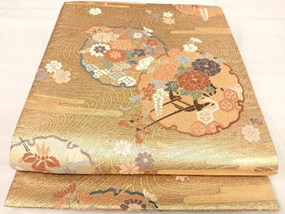 平和屋着物◎六通柄袋帯　唐織　雪輪花車文　金糸　正絹　逸品　AABJ0752yx