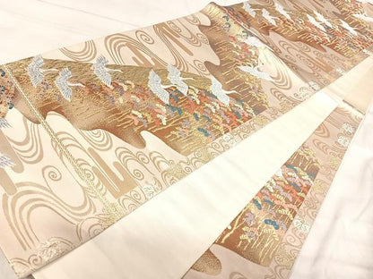 平和屋着物◎六通柄袋帯　唐織　飛鶴流水松文　金糸　正絹　逸品　AABJ0754yx