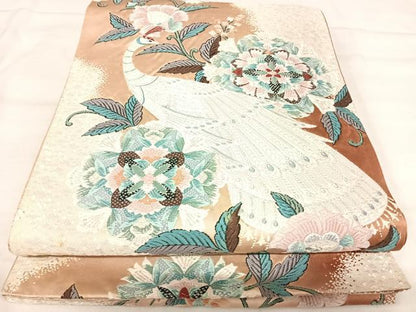 平和屋着物◎六通柄袋帯　唐織　孔雀更紗花文　銀糸　正絹　逸品　AABJ0755yx