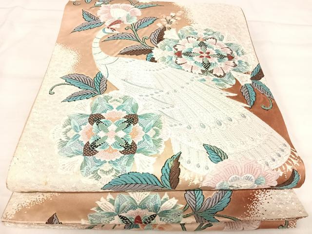平和屋着物◎六通柄袋帯　唐織　孔雀更紗花文　銀糸　正絹　逸品　AABJ0755yx