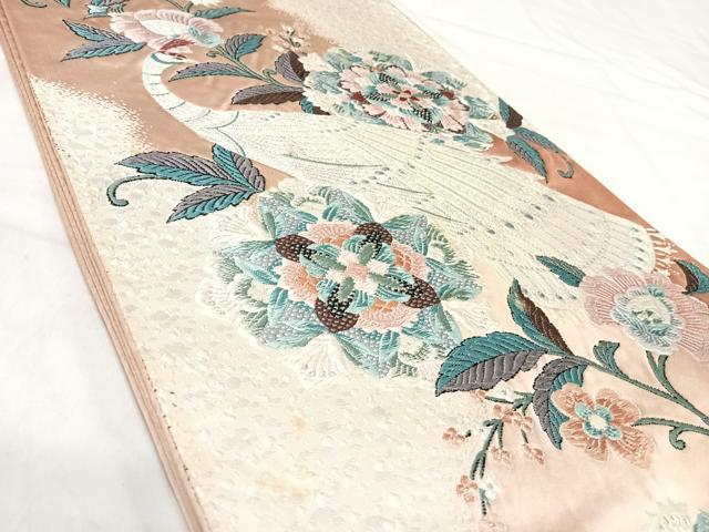平和屋着物◎六通柄袋帯　唐織　孔雀更紗花文　銀糸　正絹　逸品　AABJ0755yx