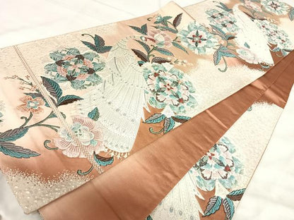 平和屋着物◎六通柄袋帯　唐織　孔雀更紗花文　銀糸　正絹　逸品　AABJ0755yx