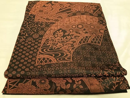 平和屋着物◎全通柄袋帯　地紙花車文　黒地　正絹　逸品　AABJ0758yx