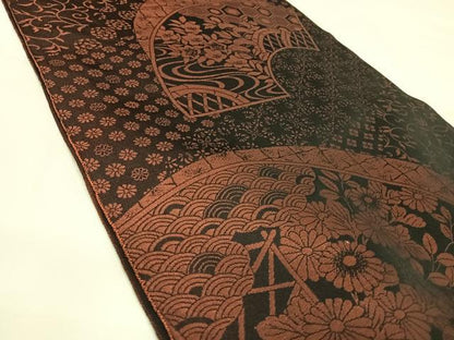 平和屋着物◎全通柄袋帯　地紙花車文　黒地　正絹　逸品　AABJ0758yx