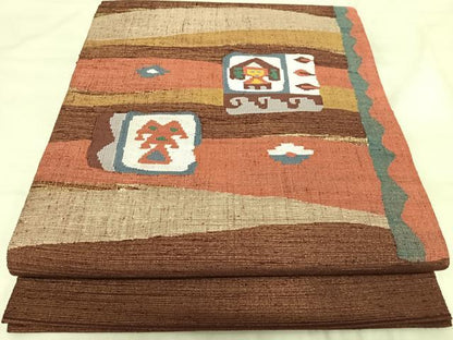 平和屋着物◎太鼓柄袋帯　すくい織　紬地　幾何学文様　金糸　正絹　逸品　AABJ0760yx