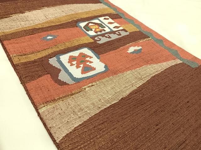 平和屋着物◎太鼓柄袋帯　すくい織　紬地　幾何学文様　金糸　正絹　逸品　AABJ0760yx