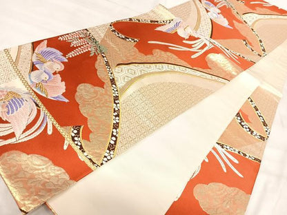 平和屋着物◎六通柄袋帯　唐織　鴛鴦花文　金糸　正絹　逸品　AABJ0762yx