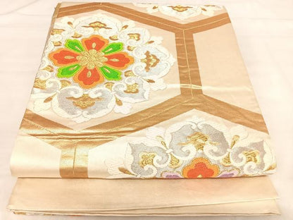 平和屋着物◎六通柄袋帯　唐織　亀甲花文　金銀糸　正絹　逸品　AABJ0764yx