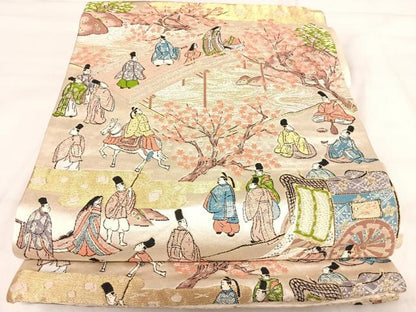 平和屋着物◎六通柄袋帯　人物風景文　金糸　正絹　逸品　AABJ0769yx