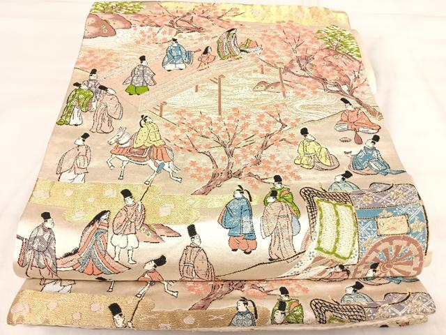 平和屋着物◎六通柄袋帯　人物風景文　金糸　正絹　逸品　AABJ0769yx