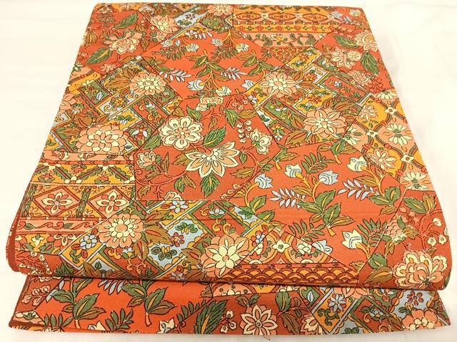 平和屋着物◎全通柄袋帯　紬地　更紗花文　正絹　逸品　AABJ0770yx