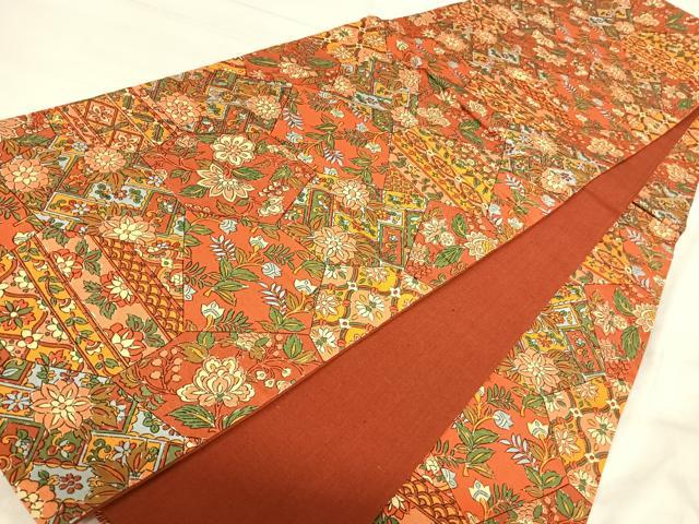 平和屋着物◎全通柄袋帯　紬地　更紗花文　正絹　逸品　AABJ0770yx