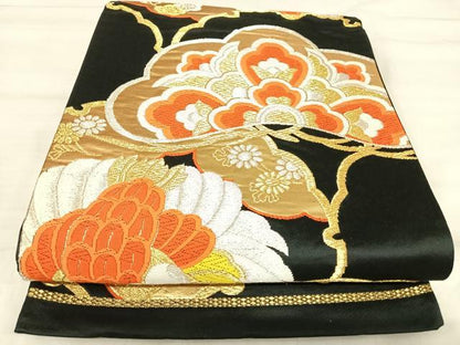 平和屋着物◎六通柄袋帯　唐織　花鳥文　黒地　金銀糸　正絹　逸品　AABJ0771yx