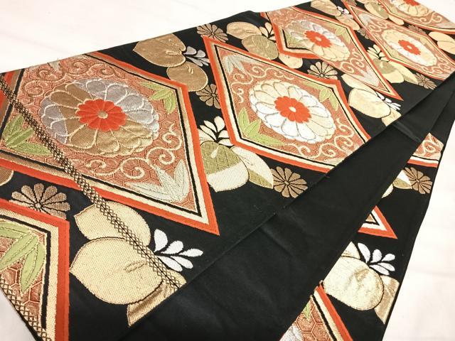 平和屋着物◎六通柄袋帯　唐織　花菱文　黒地　金銀糸　正絹　逸品　AABJ0778yx