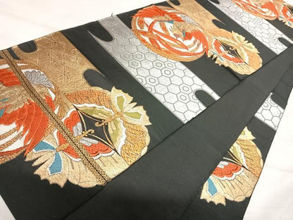 平和屋着物◎六通柄　本袋帯　唐織　鳳凰舞蝶文　黒地　金銀糸　正絹　逸品　AABJ0779yx