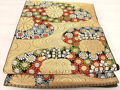 平和屋着物◎六通柄　本袋帯　唐織　流水花桐文　金糸　正絹　逸品　AABJ0780yx