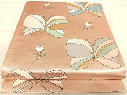 平和屋着物◎六通柄袋帯　花蝶文　銀糸　正絹　逸品　AABJ0781yx