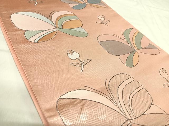 平和屋着物◎六通柄袋帯　花蝶文　銀糸　正絹　逸品　AABJ0781yx