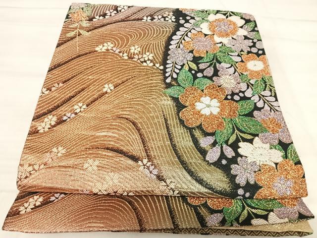 平和屋着物◎六通柄袋帯　唐織　流水花文　金糸　正絹　逸品　AABJ0786yx