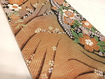 平和屋着物◎六通柄袋帯　唐織　流水花文　金糸　正絹　逸品　AABJ0786yx