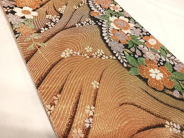 平和屋着物◎六通柄袋帯　唐織　流水花文　金糸　正絹　逸品　AABJ0786yx