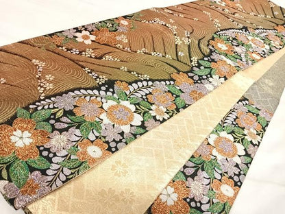 平和屋着物◎六通柄袋帯　唐織　流水花文　金糸　正絹　逸品　AABJ0786yx